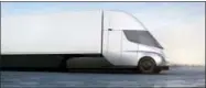  ?? THE ASSOCIATED PRESS ?? This photo provided by Tesla shows the front of the new electric semitracto­r-trailer unveiled on Thursday.