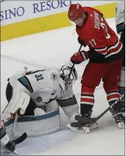  ?? JEFF CHIU — THE ASSOCIATED PRESS ?? Sharks goalie Martin Jones came up big for the second consecutiv­e game with 39 saves in a win over Carolina.