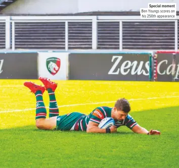  ??  ?? Special moment Ben Youngs scores on his 250th appearance