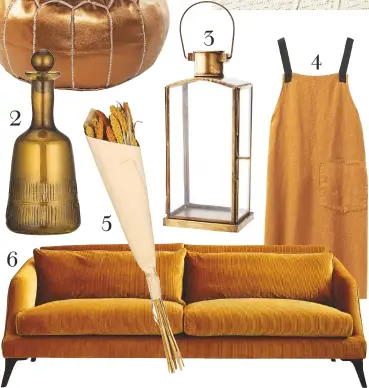  ??  ?? 1 POUFFE Rest and relax with your feet up. Faux leather
pouffe in Bronze, £125,
Raj Tent Club
2 DECANTER Pour your favourite tipple from a design made from recycled glass.
Mila decanter in Burnt
Amber, £39.95, Nkuku
3 LANTERN Pop in a tea light and enjoy the soft glow. Brass finish candle lantern,
£24, Curious Egg
4 APRON Blend into the room scheme with hardwearin­g contrast colours.
Linen workwear apron in
Burnt Sienna, £65, Toast
5 FLOWERS Decorate with golden grasses. Faux Seterea flowers in Rich Orange wrapped in Paper, £15,
Rockett St George
6 SOFA Snuggle up on a retro silhouette. Dylan fourseater sofa in Eton Cord Honey, from £2,595, Rose & Grey