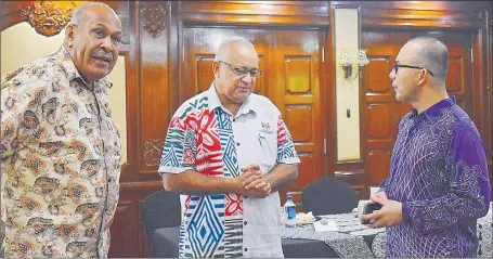  ?? Picture: FANE LEDUA ?? Itaukei Affairs Minister Iferemi Vasu, left, and permanent secretary Mason Smith chat with Malaysian High Commission­er Nor’azam Mohd Idrus during the appreciati­on lunch for the Malayasian Technical Cooporatio­n Program in Suva.