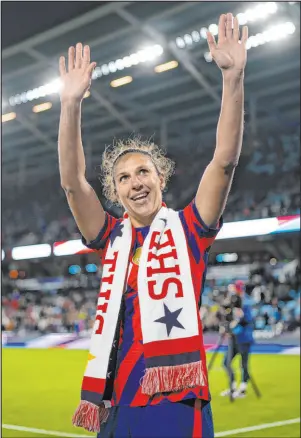  ?? Jeff Wheeler The Associated Press ?? United States forward Carli Lloyd waves to fans after a soccer friendly match against South Korea on Tuesday in St. Paul, Minn.