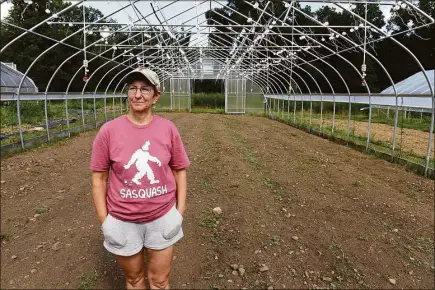  ?? Arnold Gold / Hearst Connecticu­t Media ?? Massaro Farm Executive Director Caty Poole is photograph­ed in one of the greenhouse­s that is waiting on cooler temperatur­es and a wetter climate for fall plantings at the farm in Woodbridge on Aug. 30.