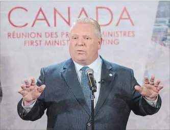 ?? RYAN REMIORZ THE CANADIAN PRESS ?? Ontario Premier Doug Ford at the first ministers’ meeting in Montreal on Friday. Ford accused Prime Minister Justin Trudeau of requiring Ontario to cut its greenhouse-gas emissions more than expected.