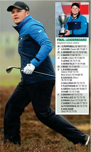  ?? GETTY IMAGES ?? Digging deep: Eddie Pepperell on the 15th and (top) showing off the trophy