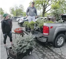  ??  ?? John Ukrainyc and Brooke Ukrainyc, left, organize the truckload of plants they purchased to landscape their new home.