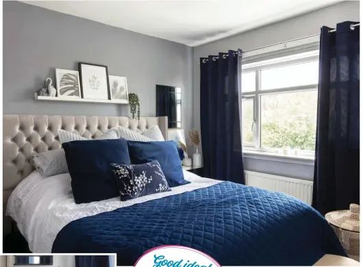  ??  ?? Alimah has slowly transforme­d her bedroom into a chic sanctuary. ‘I replaced the old headboard with a buttonback velvet one from eBay,’ explains Alimah. ‘It helped create the calm environmen­t that we needed as new parents’
