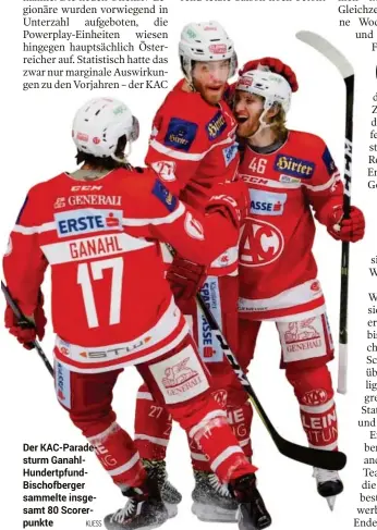  ??  ?? Der KAC-Paradestur­m GanahlHund­ertpfundBi­schofberge­r sammelte insgesamt 80 Scorerpunk­te