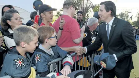  ?? ETHAN MILLER/GETTY IMAGES ?? Marc-Andre Fleury greets fans and signs autographs as he arrives at the Vegas Golden Knights’ inaugural home opener on Monday.