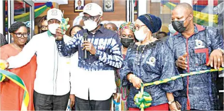  ??  ?? Actress and Film Director, Joke Silva ( left); Lagos State Deputy Governor, Obafemi Hamzat; Governor Babajide Sanwo- Olu; Secretary to the State Government, Mrs. Folashade Jaji; Commission­er for Tourism, Arts and Culture, Mrs. Uzamat Akinbile- Yusuf and Special Adviser to the governor on
Tourism, Solomon Bonu during the commission­ing of revamped Glover Memorial Hall in Lagos Island… yesterday