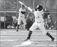  ?? BEN MADRID ENTERPRISE-LEADER ?? Lincoln slugger Bama Hill hits the ball kicking up chalk during Lincoln’s 7-0 win over Prairie Grove in the District 4A-1 championsh­ip on May 5.