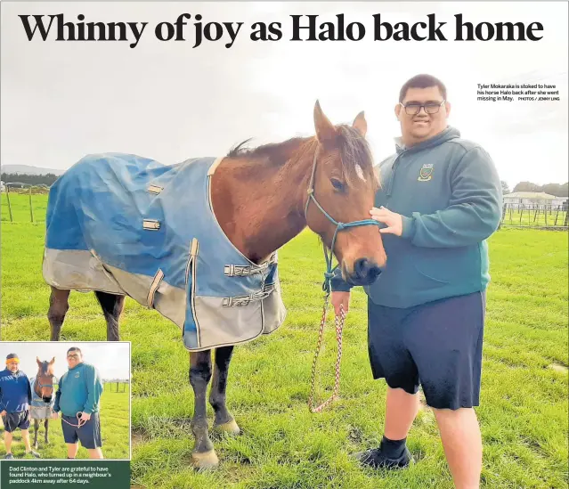  ?? PHOTOS / JENNY LING ?? Dad Clinton and Tyler are grateful to have found Halo, who turned up in a neighbour’s paddock 4km away after 64 days.
Tyler Mokaraka is stoked to have his horse Halo back after she went missing in May.