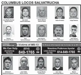  ??  ?? A poster shows suspected members and associates of MS-13 who were wanted in central Ohio and Indiana. A federal judge on Friday granted prosecutor­s a protective order against 10 alleged members of the multinatio­nal gang who were indicted in August, accused of extorting money and laundering it to MS-13 leaders in El Salvador and elsewhere.