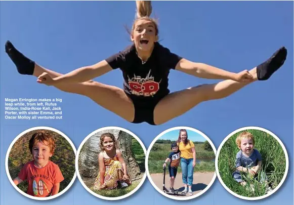  ??  ?? Megan Errington makes a big leap while, from left, Rufus Wilson, India-Rose Kali, Jack Porter, with sister Emma, and Oscar Molloy all ventured out