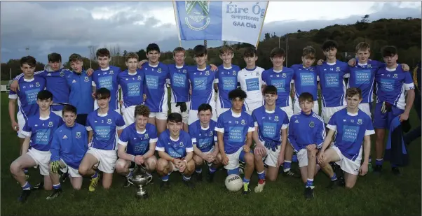  ??  ?? The Éire Óg Greystones team who defeated St Nicholas in the under-15 ‘A’ football final in Roundwood on Sunday. Photos: Barbara Flynn