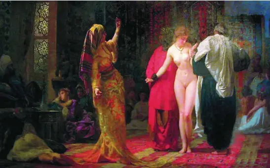  ?? DOMENICO ROSSO ?? En «Mercado de esclavas blancas», 1884, de Rosso, incluye la figura de las mujeres sometidas
