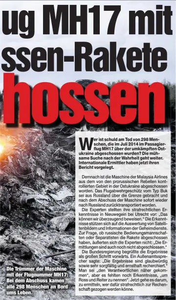  ??  ?? Die Trümmer der Maschine mit der Flugnummer MH17: Bei dem Abschuss kamen alle 298 Menschen an Bord ums Leben.