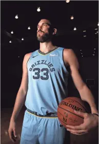  ??  ?? Marc Gasol poses during Memphis Grizzlies Media Day to kick off the season at the FedExForum on Sept. 24. JOE RONDONE / THE COMMERCIAL APPEAL