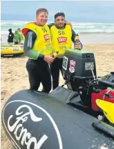  ?? ?? Local racers, skipper Wilko du Preez and co-pilot Christiaan Stopforth. The boat is sponsored entirely by local businesses. They ended 18th overall with their Infanta boat and Tohatsu motor, with a time of 07:59:27. On day one they ended in the third spot of the King of the Waves race and on day two, they took second place.