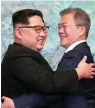  ?? AP ?? North Korean leader Kim Jong Un, and South Korean President Moon Jae- in embrace each other. —