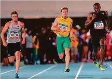  ?? AFP ?? Team New Zealand’s Joseph Millar (left), Team Australia’s Alex Hartmann (centre) and Bolt All Stars’ captain Usain Bolt of Jamaica compete in the Men’s 150-metre event during the Nitro Athletics meet in Melbourne yesterday.