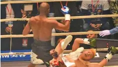  ??  ?? Mayweather was smiling as he floored Nasukawa three times in the opening round.