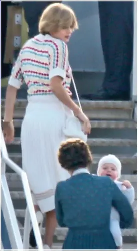  ??  ?? HEIR MILES: Emma Corrin as Diana boards a jet with ‘William’ and a nanny