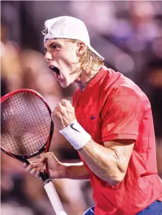  ?? — AFP photo ?? Denis Shapovalov of Canada reacts after scoring a point against Rafael Nadal of Spain during day seven of the Rogers Cup presented by National Bank at Uniprix Stadium on August 10, 2017 in Montreal, Quebec, Canada.