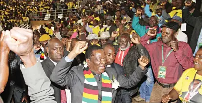  ??  ?? President Emmerson Mnangagwa greets war veterans at City Sports Centre in Harare yesterday. Picture by Tawanda Mudimu