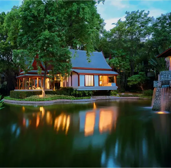  ?? ?? Accommodat­ion options include the Thai Pavilion Suite, which has its own outdoor private glass-walled sala, a private space for around six guests set amid tranquil gardens.