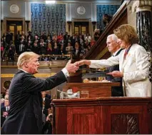  ?? GETTY IMAGES ?? House Speaker Nancy Pelosi, shown in February with President Donald Trump, and Congress could receive the USMCA for ratifying by mid-month. While the process is lengthy, it has been suggested some steps can be skipped to speed things up.