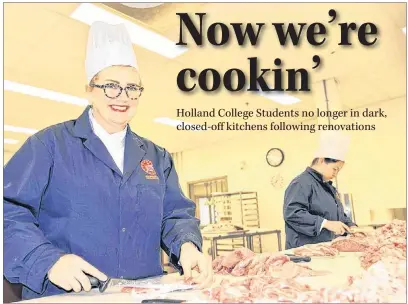  ?? TERRENCE MCEACHERN/THE GUARDIAN ?? First-year student Rebecca Sly from England cuts up a pork shoulder in the institute’s new butcher space.