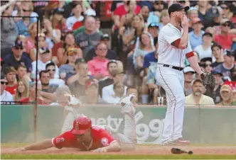  ?? STaFF PHoToS By MaTT WeST ?? ALL GOING WRONG: Craig Kimbrel (above) heads back to the mound while Ben Revere slides in with an insurance run in the ninth, and Andrew Benintendi (below) is tagged out by Andrelton Simmons trying to stretch a single to a double in the fourth inning...