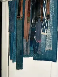  ??  ?? Left to right, top to bottom: Stetson & Resistol hats from the 1930s and 1950s; the entrance hall clothes rack with a 1930s French hunting jacket; on the wall, a photo of the Blackfeet Indian Reservatio­n; an RRL shearling vest; Kathy’s cowboy boots; indigo scarves and 1950s Garrison horsehide belts; chambray, denim and flannel shirts; oil paintings bought at flea markets; a photo of a cowboy taken by Kurt Markus in the 1980s.