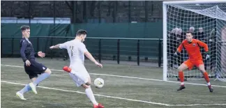  ??  ?? It’s all white for EK Kilby celebrate Anton Brady’s opener (above) and Sean Winter fires at goal