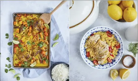  ?? KRISTEN KILPATRICK/SIMON & SCHUSTER VIA AP ?? This combinatio­n of images released by Simon & Schuster shows recipes for curried chicken sheet pan dinner, left, and herb-crusted roasted chicken from the book “Cook Once Dinner Fix: Quick and Exciting Ways to Transform Tonight’s Dinner into Tomorrow’s Feast” by Cassy Joy Garcia.