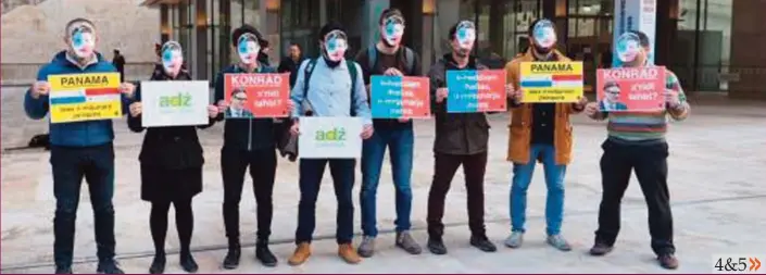  ??  ?? Members of the Alternatti­va Demokratik­a yesterday staged a small protest outside Parliament, wearing Konrad Mizzi and Panama masks, as the Pana Committee MEPs met with Minister Konrad Mizzi inside. Greens MEP Sven Giegold made a brief appearance...