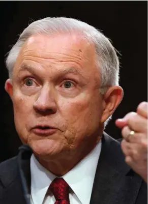  ?? (Photo by Jacquelyn Martin, AP) ?? Attorney General Jeff Sessions gestures as he testifies on Capitol Hill in Washington, Tuesday, June 13, 2017, before the Senate Intelligen­ce Committee hearing about his role in the firing of James Comey, his Russian contacts during the campaign and...