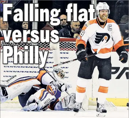  ?? USA TODAY Sports ?? Thomas Greiss had 44 saves Sunday night, but he couldn’t hold off the Flyers’ Claude Giroux, who scored with 1:40 left in overtime, sending the Flyers past the Islanders. WASTED EFFORT: