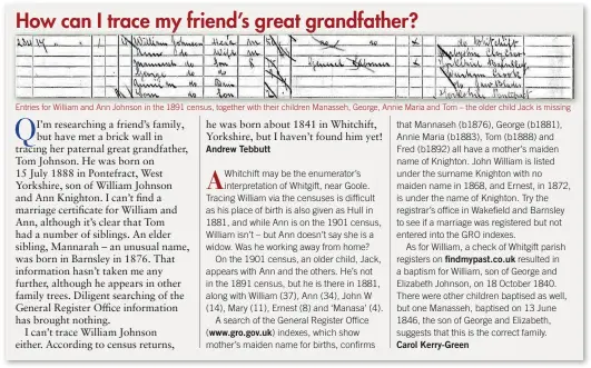  ??  ?? Entries for William and Ann Johnson in the 1891 census, together with their children Manasseh, George, Annie Maria and Tom – the older child Jack is missing