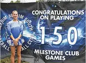  ?? Photograph­s by ALYSSA FRITZLAFF. ?? Right: Neerim South A grade goal keeper Paris Smith celebrates her 150th game against Poowong on Saturday.