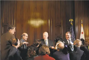  ?? Santiago Mejia / The Chronicle ?? Gov. Jerry Brown talks with reporters in Sacramento for one of the final times before he leaves office.