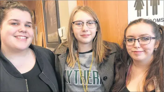  ?? BARB SWEET/THE TELEGRAM ?? From left, Jade Mackey of Corner Brook, Thressa Watts of Rocky Harbour and Kelly Beales were in Springdale on the weekend for a drama festival and said the denied rainbow crosswalk was all the buzz.