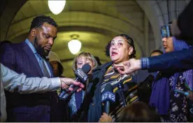  ?? NATE SMALLWOOD / POOL ?? S. Lee Merritt (left), a lawyer for Antwon Rose’s family, and Michelle Kenney, Antwon’s mother, address members of the media after closing arguments in the trial Friday. The former officer on trial, Michael Rosfeld, was acquitted on all counts.