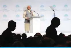  ?? —AFP ?? DUBAI: India’s Prime Minister Narendra Modi delivers a speech during the opening of the World Government Summit in Dubai.