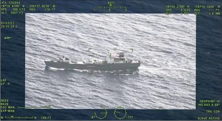  ?? U.S. COAST GUARD VIA AP ?? A video provided by the U.S. Coast Guard shows a Russian surveillan­ce ship off the coast of Hawaii. While such activity is not unusual, this one has attracted more attention because of heightened tensions between the U.S. and Russia over Moscow’s invasion of Ukraine.