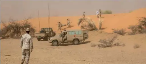  ??  ?? Troupes mauritanie­nnes à l’entraîneme­nt. L’usage de véhicules 4 × 4 légers et militarisé­s est un choix qui a déjà démontré à plusieurs reprises sa pertinence. (© DOD)