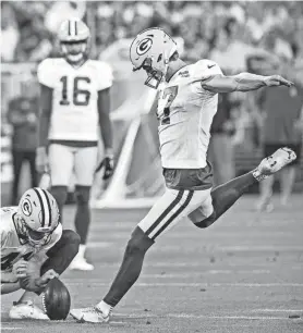  ?? SEEGER GRAY/USA TODAY NETWORK-WISCONSIN ?? Packers kicker Anders Carlson has been inconsiste­nt, but, “We think he’s got a lot of talent,” says GM Brian Gutekunst.