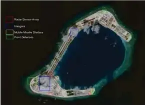  ?? [ SUMBER: LAMAN WEB CSIS ] ?? Gambar satelit terbaru tunjuk landasan, hangar, radar, tempat simpanan peluru berpandu hampir siap di Terumbu Subi.