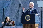  ?? SUSAN WALSH / AP ?? “I know that progress does not come fast enough. It never has,” said President Joe Biden, during the 10th anniversar­y of the dedication of the Martin Luther King, Jr. Memorial in Washington on Thursday. He was introduced by Vice President Kamala Harris.